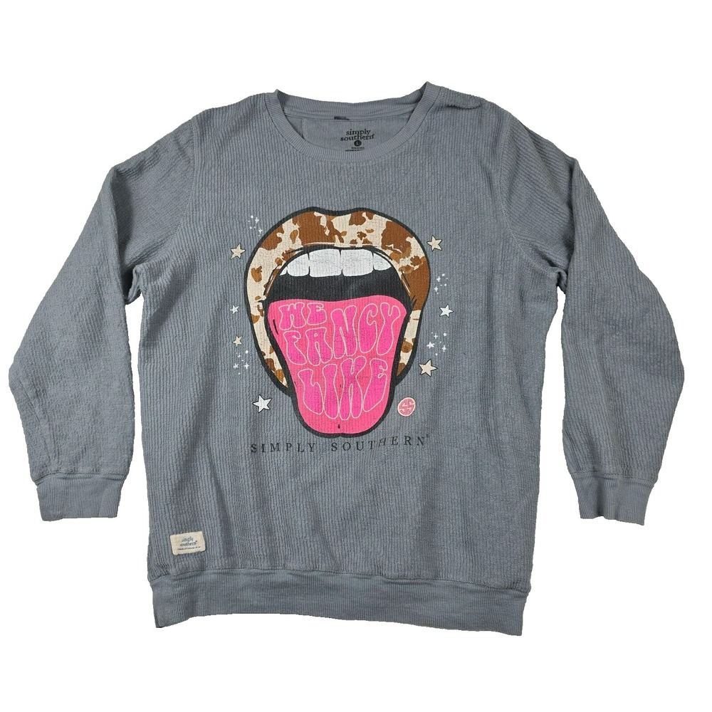 Simply Southern We Fancy Like Gray Waffle Knit Graphic Pullover Sweatshirt Large